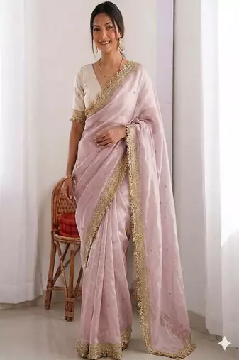 Women's satin silk saree with elegant lace border party wear designer saree