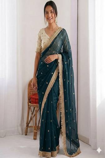 Women's satin silk saree with elegant lace border party wear designer saree