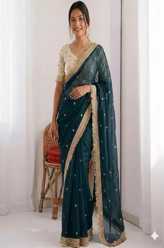 Women's satin silk saree with elegant lace border party wear designer saree