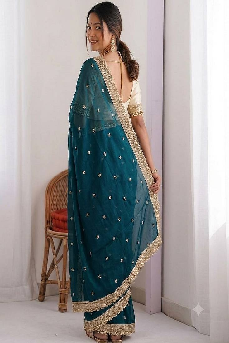 Women's satin silk saree with elegant lace border party wear designer saree