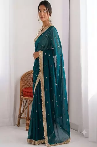 Women's satin silk saree with elegant lace border party wear designer saree