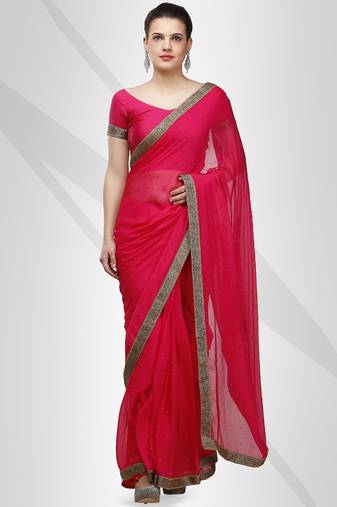 Fuchsia faux georgette saree with crystal stone elegance with unstitched blouse