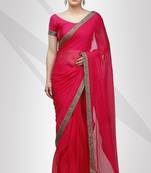 Fuchsia faux georgette saree with crystal stone elegance with unstitched blouse