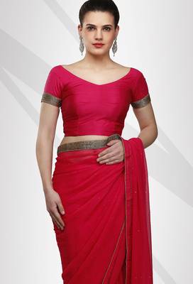 Fuchsia faux georgette saree with crystal stone elegance with unstitched blouse 2