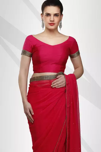 Fuchsia faux georgette saree with crystal stone elegance with unstitched blouse