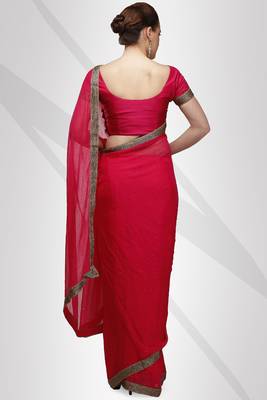 Fuchsia faux georgette saree with crystal stone elegance with unstitched blouse 4