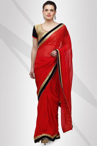 Red georgette sari with contrast velvet & sequence border with unstitched blouse