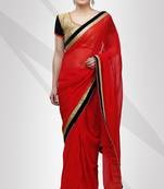 Red georgette sari with contrast velvet & sequence border with unstitched blouse