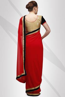 Red georgette sari with contrast velvet & sequence border with unstitched blouse 2
