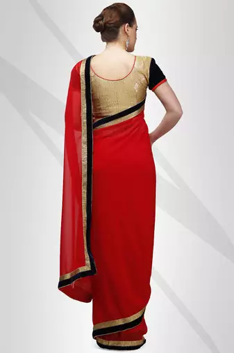Red georgette sari with contrast velvet & sequence border with unstitched blouse