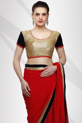 Red georgette sari with contrast velvet & sequence border with unstitched blouse 3