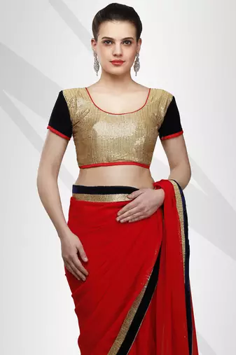 Red georgette sari with contrast velvet & sequence border with unstitched blouse