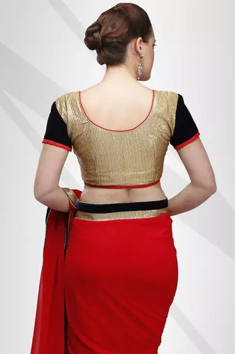 Red georgette sari with contrast velvet & sequence border with unstitched blouse