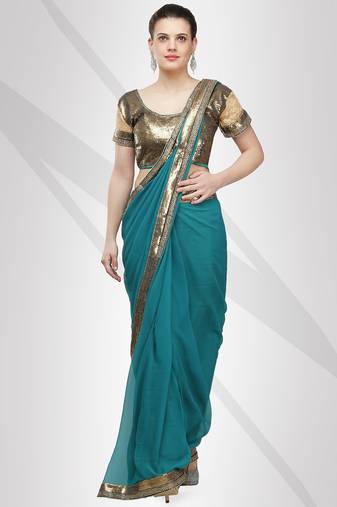 Viscose georgette teal blue saree with elegant sequin border with unstitched blouse