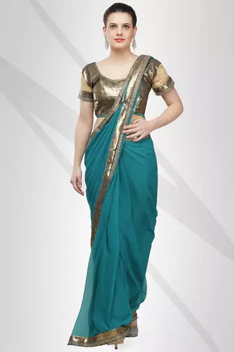 Viscose georgette teal blue saree with elegant sequin border with unstitched blouse