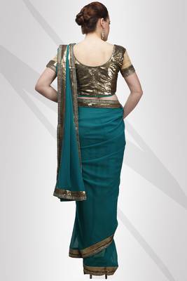 Viscose georgette teal blue saree with elegant sequin border with unstitched blouse 2