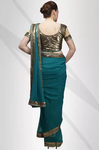 Viscose georgette teal blue saree with elegant sequin border with unstitched blouse