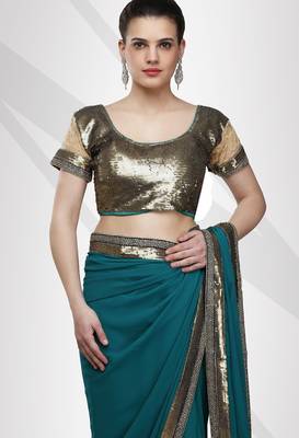 Viscose georgette teal blue saree with elegant sequin border with unstitched blouse 3