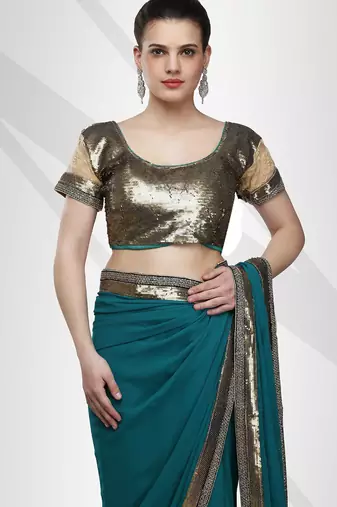 Viscose georgette teal blue saree with elegant sequin border with unstitched blouse