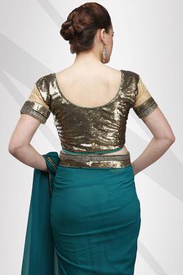 Viscose georgette teal blue saree with elegant sequin border with unstitched blouse 4