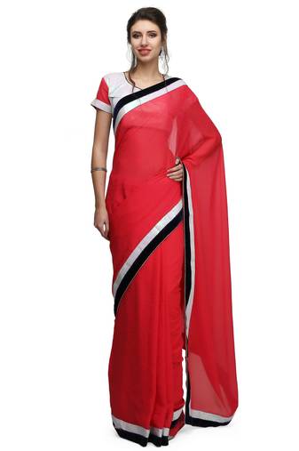 Classic red georgette saree with white sequin & velvet border with unstitched blouse