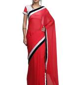 Classic red georgette saree with white sequin & velvet border with unstitched blouse