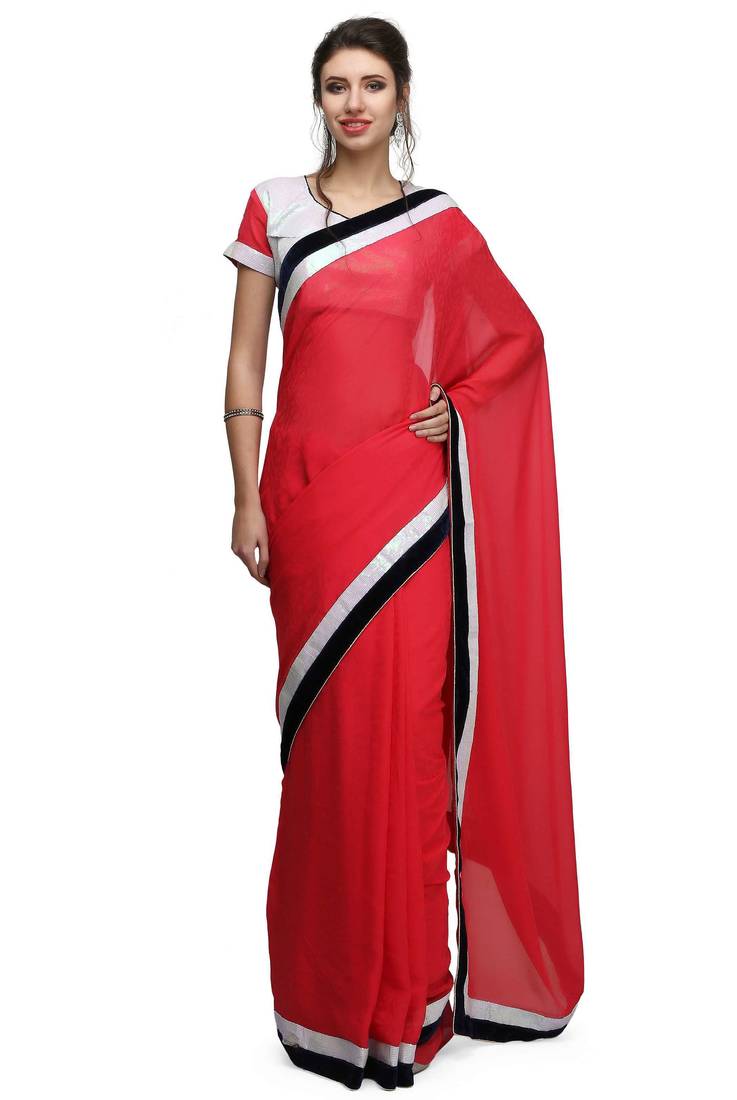 Classic red georgette saree with white sequin & velvet border with unstitched blouse