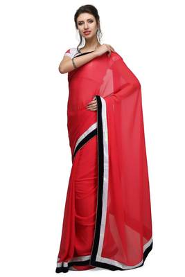 Classic red georgette saree with white sequin & velvet border with unstitched blouse 2