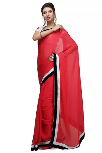 Classic red georgette saree with white sequin & velvet border with unstitched blouse