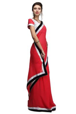 Classic red georgette saree with white sequin & velvet border with unstitched blouse 3