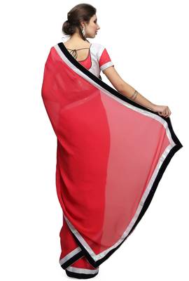 Classic red georgette saree with white sequin & velvet border with unstitched blouse 4