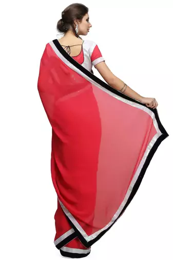 Classic red georgette saree with white sequin & velvet border with unstitched blouse