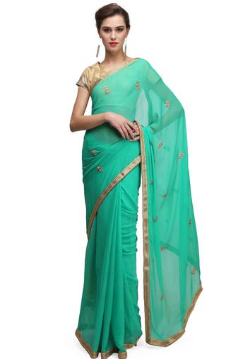Green georgette saree with gold stone boti work with unstitched blouse