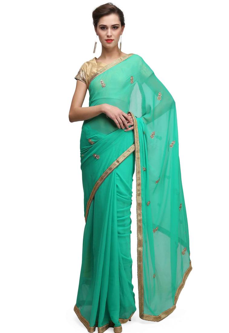 Green georgette saree with gold stone boti work with unstitched blouse