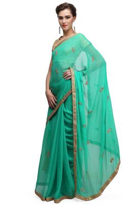 Green georgette saree with gold stone boti work with unstitched blouse 2