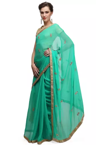 Green georgette saree with gold stone boti work with unstitched blouse