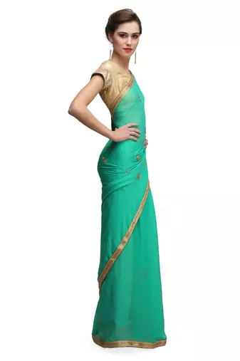 Green georgette saree with gold stone boti work with unstitched blouse