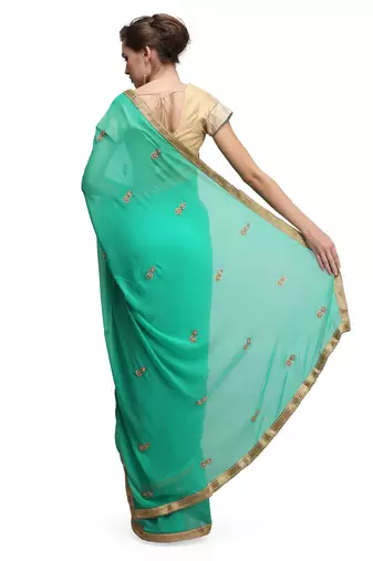 Green georgette saree with gold stone boti work with unstitched blouse