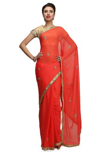 Red georgette saree with gold stone boti work with unstitched blouse