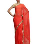 Red georgette saree with gold stone boti work with unstitched blouse