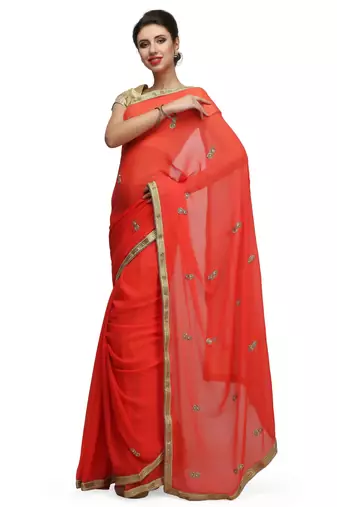 Red georgette saree with gold stone boti work with unstitched blouse