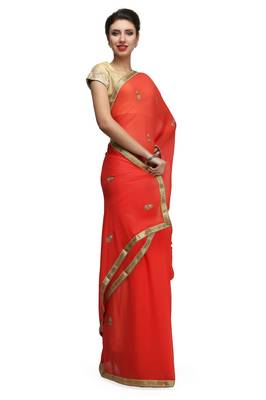 Red georgette saree with gold stone boti work with unstitched blouse 3
