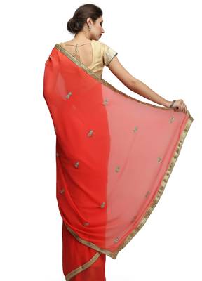 Red georgette saree with gold stone boti work with unstitched blouse 4