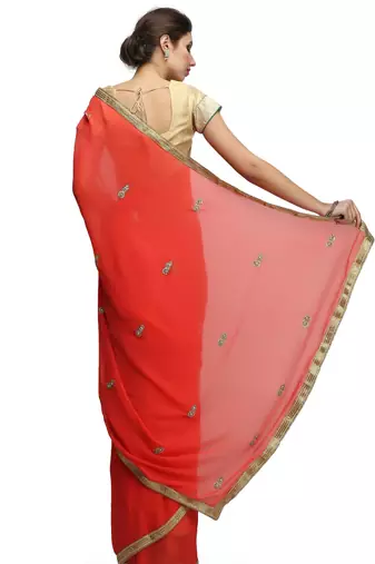 Red georgette saree with gold stone boti work with unstitched blouse