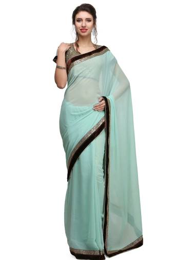 Grace in sea green  georgette saree with sequin lace border with unstitched blouse