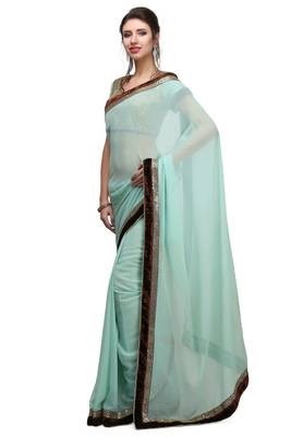 Grace in sea green  georgette saree with sequin lace border with unstitched blouse 2