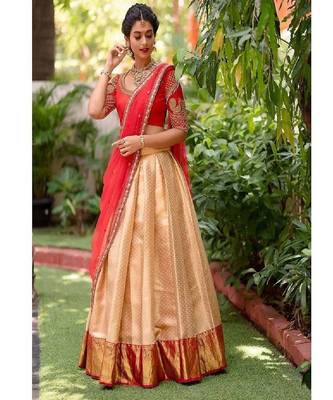 Peach Silk Zari Lehenga with Red Color Banarasi Silk Dupatta 1