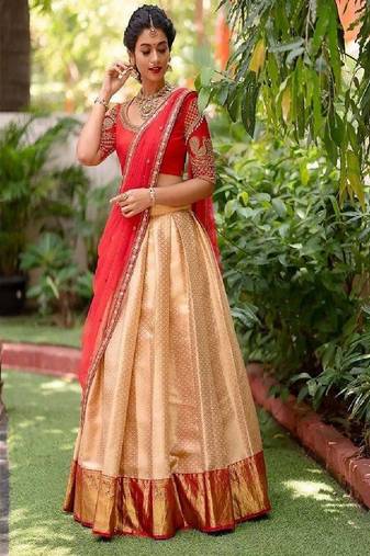 Peach Silk Zari Lehenga with Red Color Banarasi Silk Dupatta