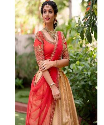 Peach Silk Zari Lehenga with Red Color Banarasi Silk Dupatta 2