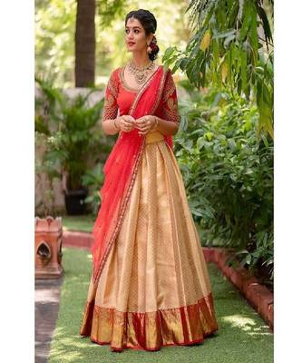 Peach Silk Zari Lehenga with Red Color Banarasi Silk Dupatta 3